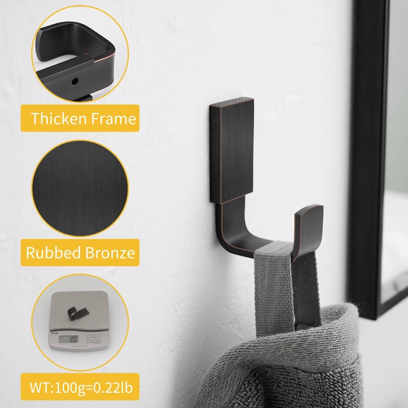 BESy Brass Clothes Hook Single Towel Hook for Bathroom Kitchen Garage Square Style Robe Hooks Coat and Hat Hook, Self Adhesive or Wall Mounted with Screws, Oil Rubbed Bronze - Image 2